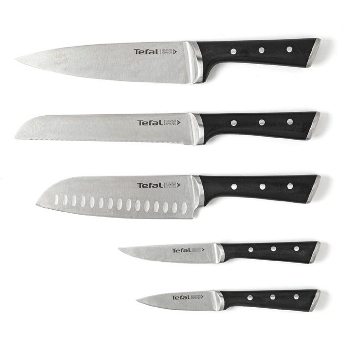 Tefal Ice Force Wooden Block with 5 Knives: Chef Knife 20 cm, Bread Knife 20 cm, Santoku Knife 18 cm, Paring Knife 11 cm, Carving Knife 9 cm